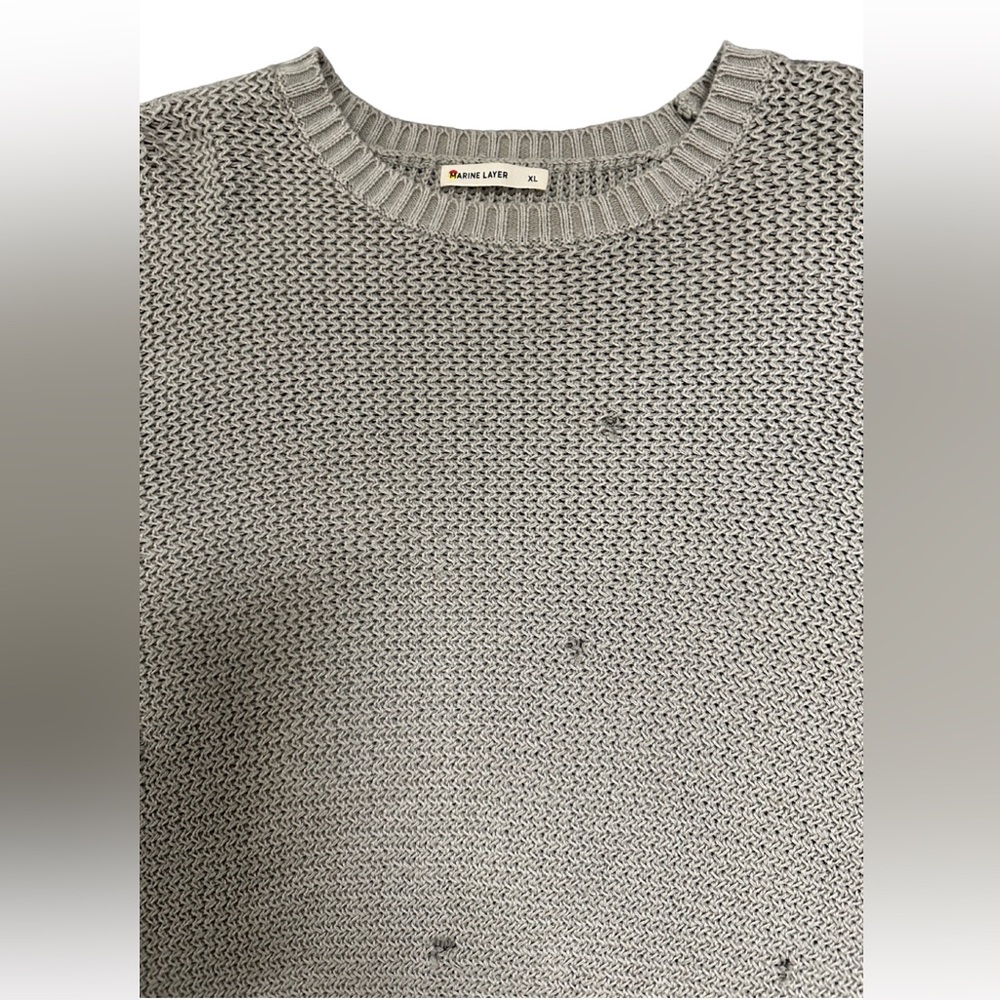 Marine Layer Fisherman Distressed Cotton Cable Knit Sweater, Grey, Size XL - Picture 2 of 6